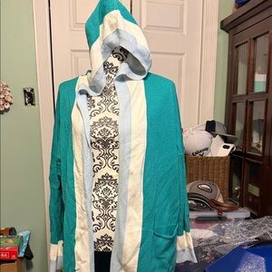 Women's Teal and Cream Hooded Cardigan